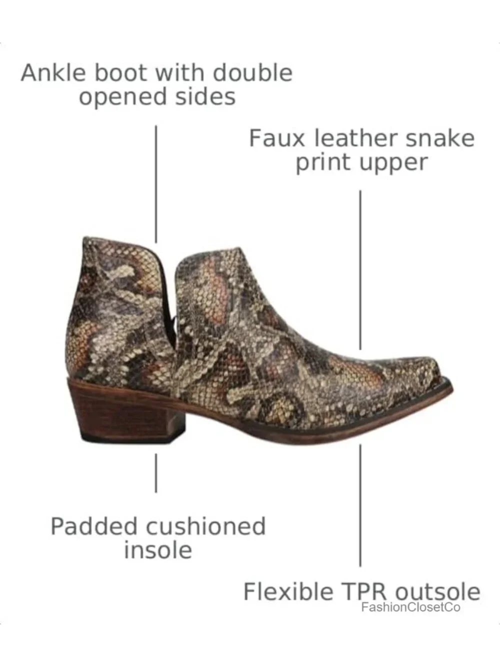 Faux Leather Snake Print Snip Toe Cowboy Booties Ankle Boots